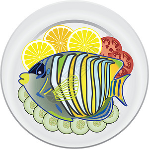 盘子上煮熟的鱼和生蔬菜厨房海洋美食海鲜插图水果绿色红色食物饮食图片