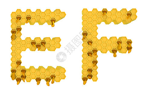 蜂蜜字体 E和F 字母孤立蜂窝细胞橙子食物字符荒野金子蜂蜡六边形人权图片