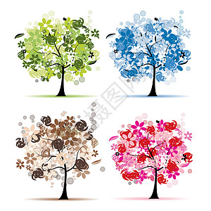 一套适合你设计的花卉树丛卡通片蓝色漩涡树干衬套绘画环境叶子花瓣木头图片