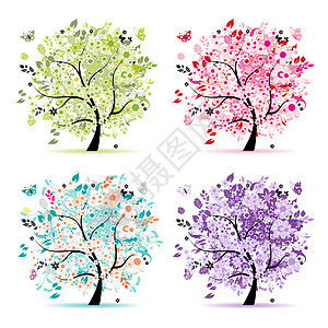 一套适合你设计的花卉树丛装饰木头漩涡蝴蝶叶子紫色曲线环境反射森林图片