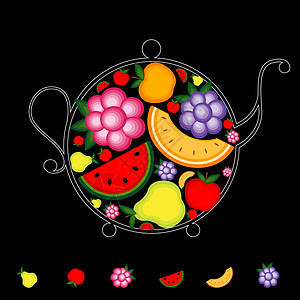 水果饮料 黑色茶壶给你设计插图西瓜艺术橙子热带种子季节食物活力玻璃图片