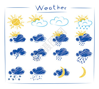 图标  天气组手绘雪花气旋铅笔雷雨太阳天空气候环境草图图片