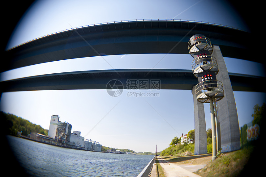 基尔运河上的桥水路街道鱼眼运河交通公路混凝土超广角失真圆形图片