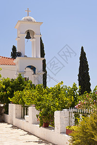 萨莫斯修道院旅行宗教建筑学教会海岸建筑白色蓝色尖顶回廊图片
