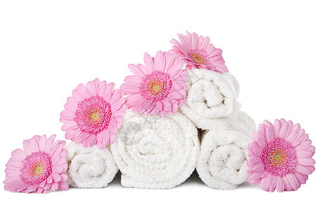 隔离的毛巾和鲜花皮肤卫生温泉浴室风格治疗洗澡植物奢华草本植物图片