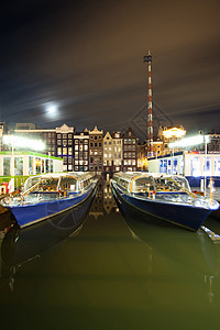 阿姆斯特丹晚上 在达姆拉克街附近游览渡船图片