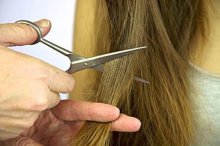 用剪剪刀剪长发工具沙龙工作室女性理发工作白色黑发棕色头发图片