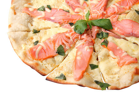 披萨和鲑鱼白色食物美食圆形海鲜红色圆圈面团脆皮小吃图片