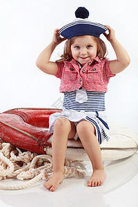 赛艇戏服白色水手工作室海滩帽子童年红色条纹快乐图片