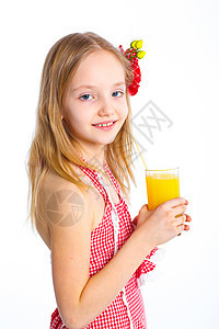 小女孩喝橘子汁的肖像孩子玻璃食物橙子营养眼睛茶点女性快乐花蜜背景图片