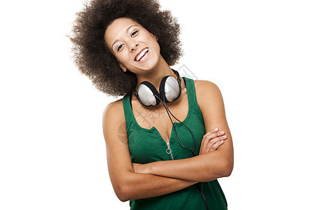 带耳机的快乐女人青年白色音乐幸福黑发女孩手机青少年微笑女性图片