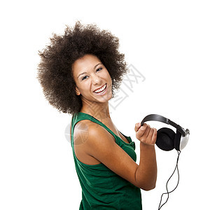 带耳机的快乐女人女孩喜悦音乐黑发微笑幸福青少年青年享受白色图片