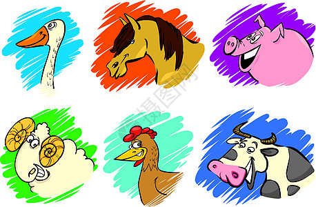 一套漫画农场动物小屋公鸡卡通片牧场哺乳动物鼻子草地绘画夹子母鸡图片