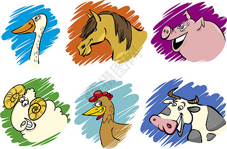 一套漫画农场动物内存国家哺乳动物公鸡卡通片团体草地小屋绘画小马图片