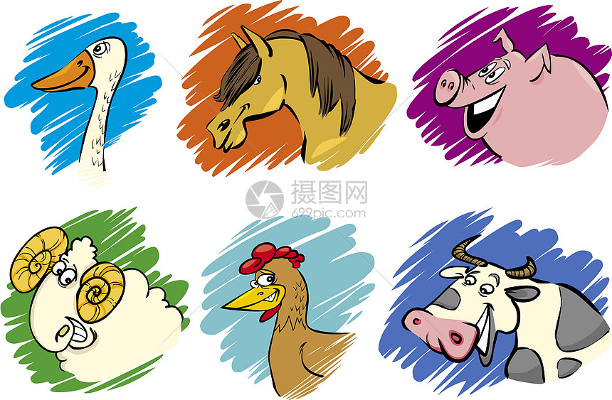 一套漫画农场动物内存国家哺乳动物公鸡卡通片团体草地小屋绘画小马图片