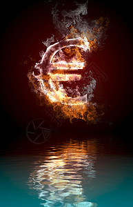 欧元符号燃烧 火焰在水中反射图片