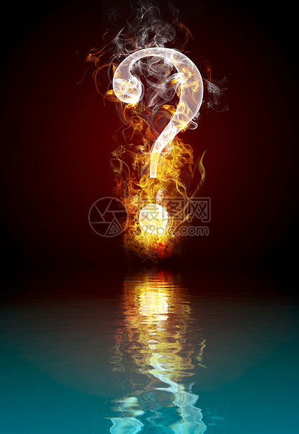 问题符号燃烧 火焰与水中反射图片