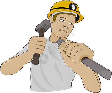 建造者或矿工用锤子和铲子工作图片