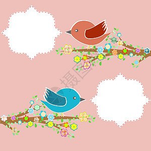 两只鸟在树上 树枝上有言语泡泡植物墙纸卡片唱歌花园歌手草地乐趣小狗气泡图片