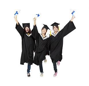 三名快乐的亚洲毕业学生 孤立在白色图片