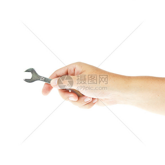 在白背景上用手孤立的手击断职业硬件工具机械商业工作维修橡皮扳手金属图片