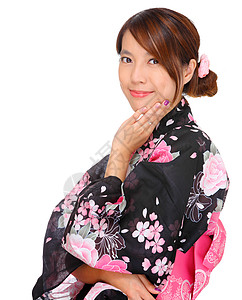 穿着日本和服的年轻女子姿势新年衣服文化戏服仪式杯子女士酒精腰带图片