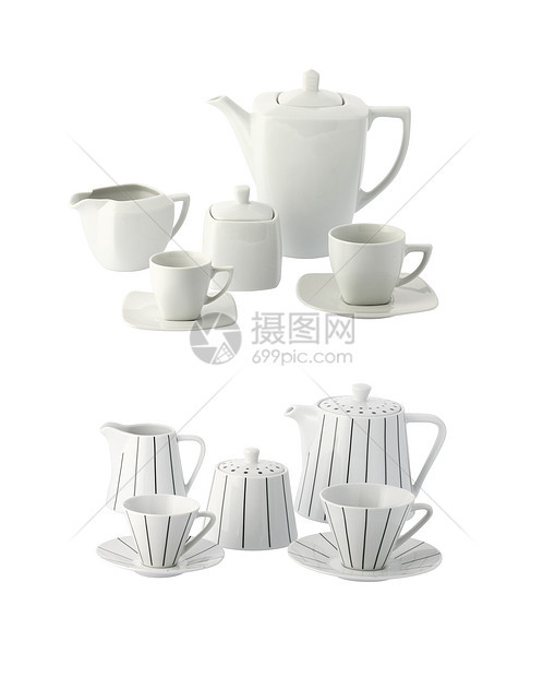 白瓷茶套 白色背景上隔开餐具茶壶杯子糖罐厨具工具食物餐厅图片