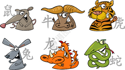卡通老虎6个中国黄鼠疫症状夹子庆典动画片兔子微笑日历十二生肖生物爬虫插图背景