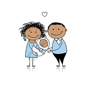 父母对新生儿的幸福情感男生草图婴儿车乐趣女孩生日艺术微笑童年图片