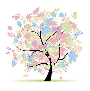 春天 你设计时的花草树上涂着面粉颜色叶子蝴蝶树干蓝色刷子植物季节花园漩涡衬套图片
