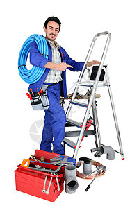 水管工肖像电脑工具箱工具维修梯子工作服装修金属男人工作台图片