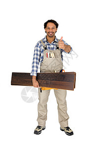 木匠举起大拇指机械工具建造职业男人快乐木头木工承包商工装裤图片