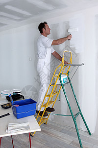 人墙壁工匠房间画家梯子绘画刷子滚筒灰色房子男性图片
