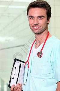 医生的肖像胸甲隔膜诊所全科护士回合耳管医疗助理绿色图片