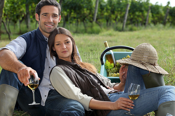 一对夫妇在葡萄园里喝酒女性生产生长酒厂生活女士藤蔓叶子水果栽培图片