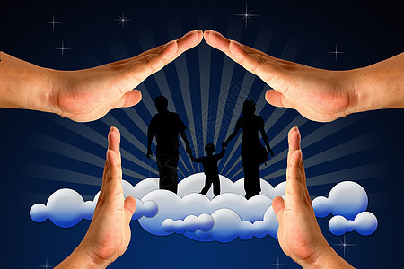 家庭之上的手和圣像屋白色父亲母亲夫妻孩子手指棕榈男人女士女性图片