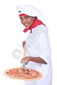 披萨饼制造器面包师边缘服装微笑皮肤夹克工作女士出口厨师图片