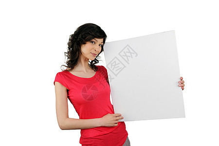 女人拿着一张空白的纸板给你留言广告白色成人女性推介会微笑横幅学生床单商业图片