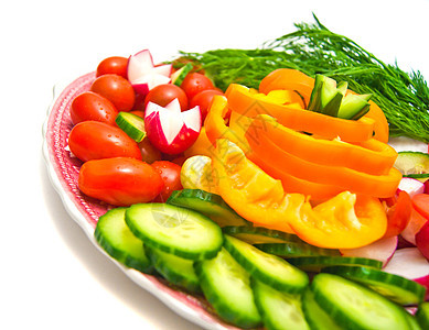 盘子上的蔬菜绿色青菜西红柿健康草药萝卜素食者橙子辣椒食物图片