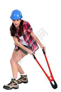 配有螺栓管的妇女红色螺栓蓝色钻头姿势女士建筑拆除短裤女性图片
