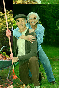 在花园里采集树叶的旧夫妇图片