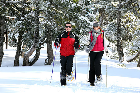 双方一起滑雪旅游朋友男人公园风镜滑雪者女士木头木板夫妻图片