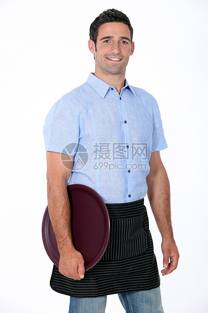 带着托盘的侍者肖像咖啡店员工命令白色职业服务清洁度衬衫服务器酒吧图片