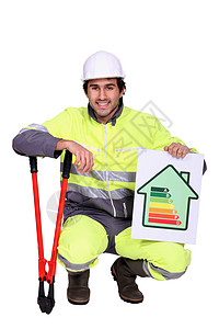 具有能源评级符号的建筑施工工人;图片