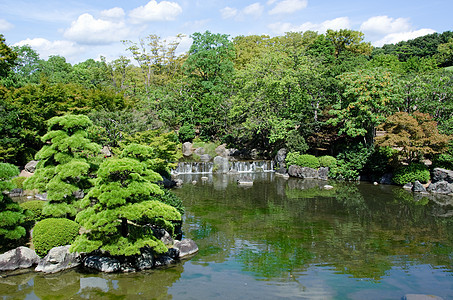 日本花园平衡叶子植物学木头园艺冥想绿色花园瀑布公园图片