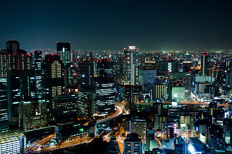 夜中大阪天线地标摩天大楼办公室建筑物大都会市中心全景天际旅游景观图片