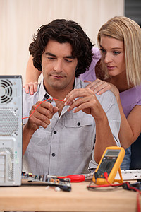 修理计算机技工衬衫灰色电工电脑女性电缆专家马球工人维修图片