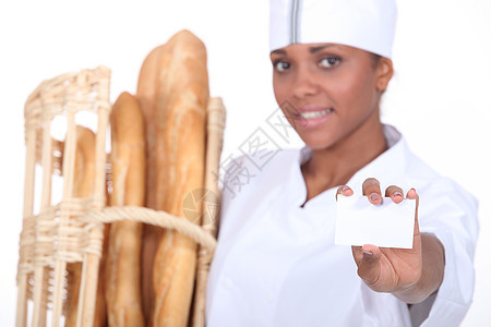 面包师工作服女士工作室微笑快乐手臂棉布广告外套商业图片