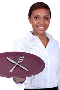 服务员拿着刀叉盘子的餐具图片