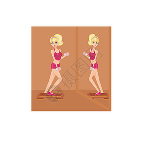 妇女用手举两只哑铃进行锻炼运动女孩训练健身房闲暇女士女性娱乐重量肌肉图片